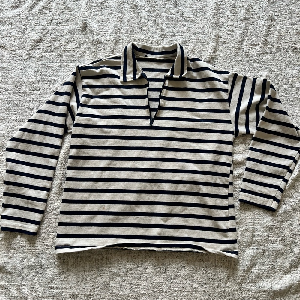Classic Navy Blue Striped Long Sleeve Quarter Zip Sweater